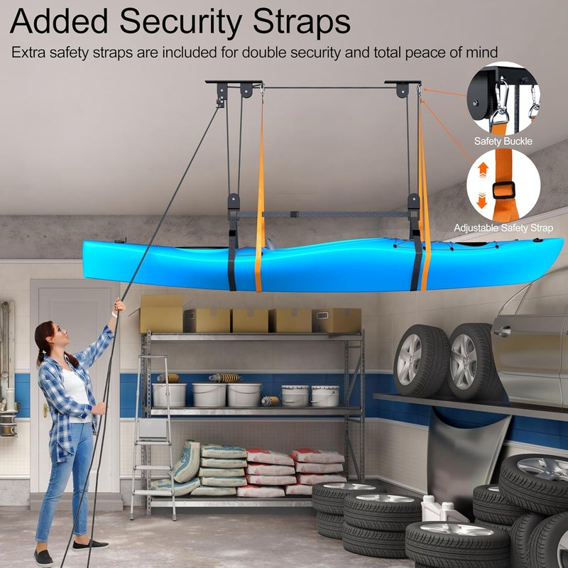 TRUSOON Kayak Hoist, Heavy Duty Kayak Pulley System for Garage Ceiling, Hold Up to 150 lbs Capacity, Canoe Garage Lift Storage System, Fit 10-18 Foot Ceilings, Black - Image 2
